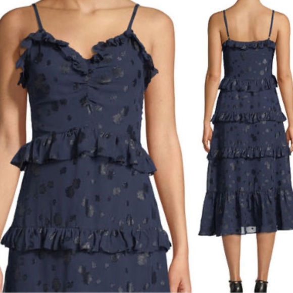 Michael Michael Kors Printed Jacquard Ruffled Midi Dress True Navy Blue Large - Picture 2 of 13
